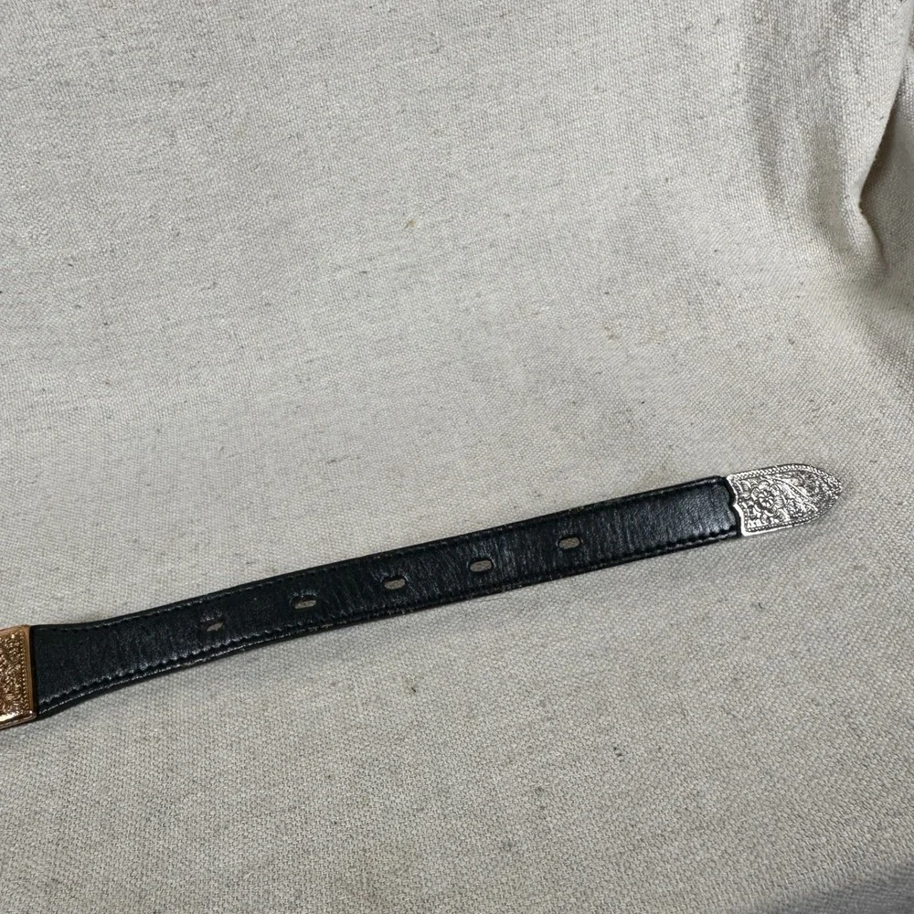 Nocona Belt Co Mens Black‎ Leather Western Belt Silver Copper Ornate Plates 34